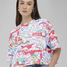 IZEL Women Abstract Printed Round Neck Boxy T-shirt-image-14