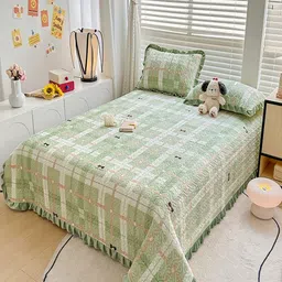 JC HOME Green And Peach Geometric Printed Polycotton 162 TC Super King Size Bed Covers-picture-1