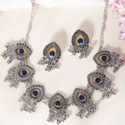 Sangria Peacock Printed Choker Jewellery Set-image-55