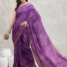 Janasya Purple Silk Blend Bandhani Printed Saree with Blouse Piece-picture-24