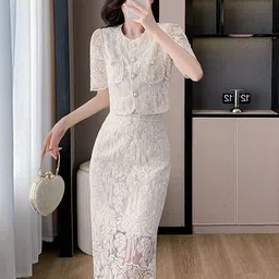 all about you Embroidered Round Neck Lace Top With Skirt Co-Ords-4