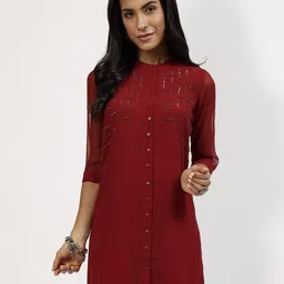 LELA Women Mandarin Collar Embroidered Round Neck Tunic-image-93