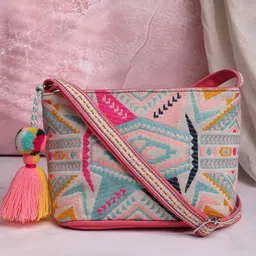 Anekaant Ethnic Motifs Lace Sling Bag with Tasselled-25