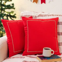 TEAL BY CHUMBAK Red 2 Pieces Cotton Square Cushion Covers-image-14