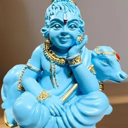 Tiny Shiny Blue Bal Gopal with Cow Murti Statue Showpiece-picture-31