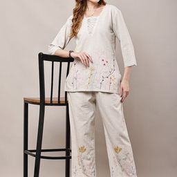 HERE&NOW Women Cream Pure Cotton Floral Embroidered Co-Ord Set-picture-49