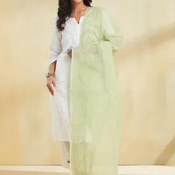 Fabindia Floral Embroidered Cotton Silk Dupatta With Chikankari-14
