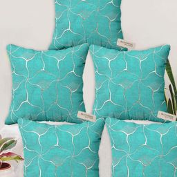 Blue Grass Sea Green & White 5 Pieces Abstract Velvet Square Cushion Covers-image-67