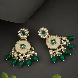 ATIBELLE Gold-Plated Kundan Stone Studded & Beaded Contemporary Shaped Drop Earrings-17