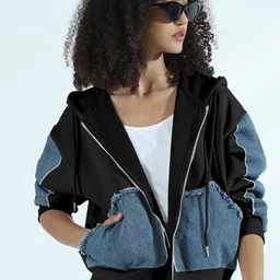 SHOWOFF Colourblocked Hooded Windcheater Denim Jacket-image-81