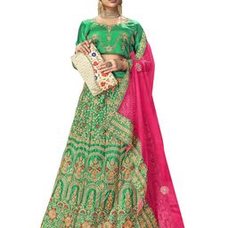 MANVAA Green & Pink Embroidered Thread Work Semi-Stitched Lehenga & Unstitched Blouse With Dupatta-27