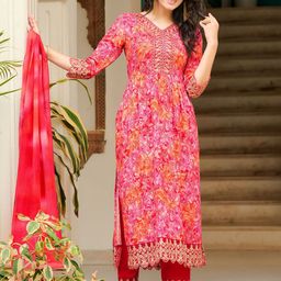 Berrylicious Floral Embroidered Panelled Sequinned A-Line Kurta with Trousers & Dupatta-11
