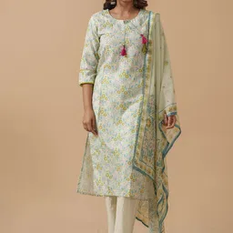 House of Pataudi Floral Printed & Embroidered Kurta With Trousers & Dupatta-picture-15