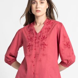 SHAYE Women Band Collar Dark Coral Embroidered Three-Quarter Sleeves Casual Tops-image-28