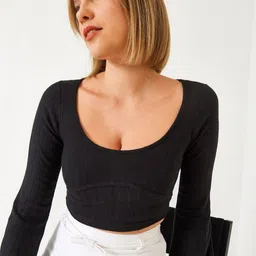 BIANCO LUCCI women Ribbed Cotton Blouson Crop Top-image-43