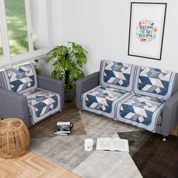 Aura Grey & Blue 6 Pieces Geometric Printed 3 Seater Velvet Sofa Covers-34