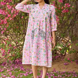 House of Chikankari Women Floral Print Puff Sleeve A-Line Dress-image-20