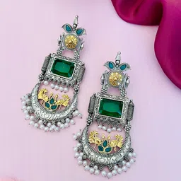 Sangria German Silver-Plated Stones Studded & Beaded Drop Earrings-image-44