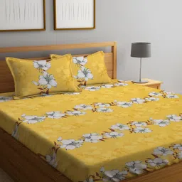 KLOTTHE Yellow & White Printed 300 TC Fitted Double Bedsheet With 2 Pillow Covers-image-53