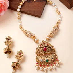 MANSIYAORANGE Gold-Plated Floral Kundan Kempu Pearl AD Studded & Beaded Jewellery Set-picture-29