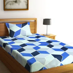Fashion String Blue & Green Geometric 144 TC Single Bedsheet with 1 Pillow Covers-image-31