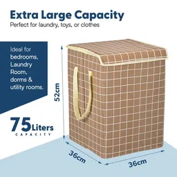 Aura White & Brown Checked Foldable Laundry Bag With Lid 75 L image 3