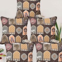 Blue Grass Brown And Yellow 5 Pieces Ethnic Motifs Printed Velvet Square Cushion Covers-image-33