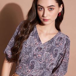 CORSICA Conversational Print Puff Sleeve Chiffon Regular Crop Top-27