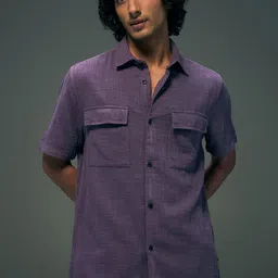 Flying Machine Self Design Spread Collar Short Sleeves Oversized Fit Shirt-image-88