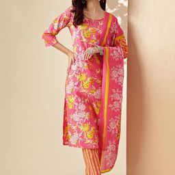 Jaipur Kurti Women Floral Printed Regular Beads and Stones Pure Cotton Kurta with Trousers & With Dupatta-28