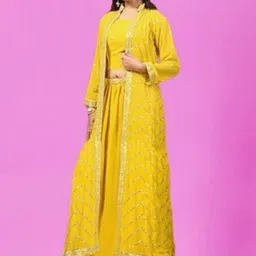 PARROT CREATION Geometric Embroidered Georgette Crop Top With Skirt & Shrug-9