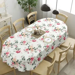 Clasiko Off White & Pink Floral Printed Anti-Skid Cotton 8-Seater Table Cover-8