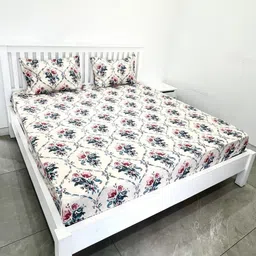 ohello Cream-Coloured & Blue Floral 300 TC King Bedsheet with 2 Pillow Covers-46