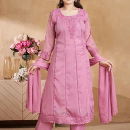 Aarika Girls Floral Embroidered Round Neck Georgette Kurta With Trousers & Dupatta-image-72