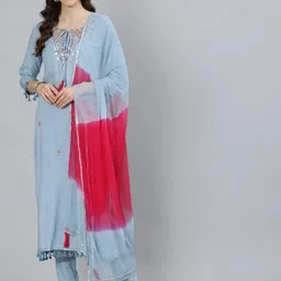 PINGHAKS Embroidered Thread Work Pure Cotton Straight Kurta with Trousers & Dupatta-picture-25