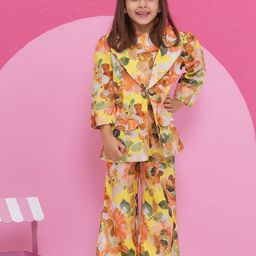 Aj DEZInES Girls Floral Printed Notch Lapel Collar Pure Cotton Top with Trouser & Blazer-image-114