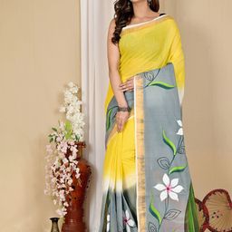 PuJoy Floral Printed Zari Pure Cotton Taant Saree-image-40