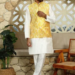 KRAFT INDIA Mandarin Collar Straight Kurta with Churidar & Tie-Dye Nehru Jacket-image-75