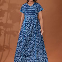 Nihsamah Printed V-Neck Pure Cotton Maxi Nightdress-picture-10