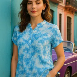 CORSICA Women Tie and Dyed Mandarin Collar Roll-Up Sleeves Regular Top-25
