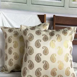 Pink Parrot Cream-Colored 2 Pieces Ethnic Motifs Jacquard Silk Square Cushion Covers-image-14