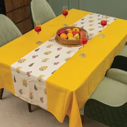 URBAN SPACE Yellow Floral Anti-Slip Cotton 6-Seater Table Cover-34