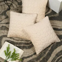 SOKNACK 3 Pieces Cream Self Design Velvet Square Cushion Covers-26