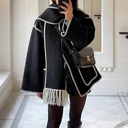 Alamode By Akanksha Women Oversized Woolen Jacket with Scarf-image-19