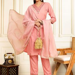 House of Pataudi Floral Embroidered Thread Work Straight Kurta With Trousers And Dupatta-32