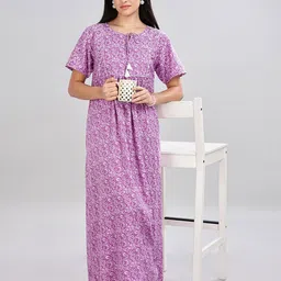 NAIDU HALL Women Printed Pure Cotton Maxi Nightdress-image-31