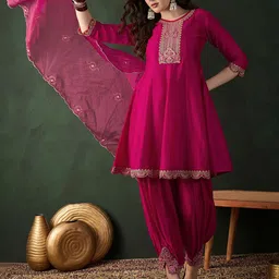 Sangria Embroidered A-Line Kurta Set With Afghani Pant & Dupatta-29