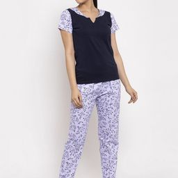 Claura Women Grey & Navy Blue Printed Night Suit-image-28