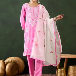 DIVASTRI Women Ethnic Motifs Embroidered Chikankari Kurta with Trousers & With Dupatta-picture-27