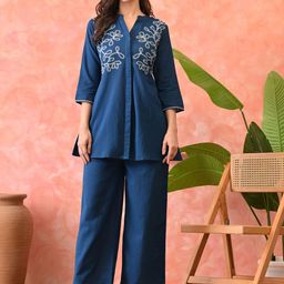 CRENOL THREADS Embroidered Mandarin Collar Pure Cotton Shirt With Trousers Co-Ords-picture-12